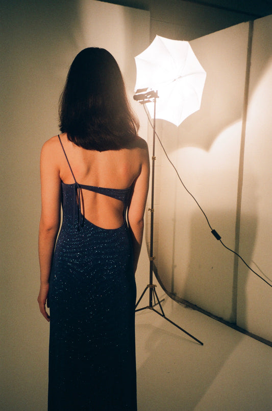 Josie Dress - Vintage 90s blue shimmery one shoulder gown