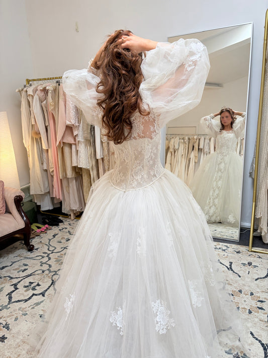 Vintage 80s puff sleeve tulle wedding gown with antique lace