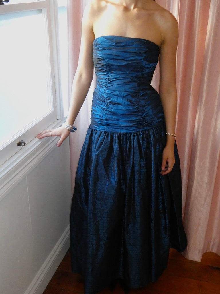 Vintage 80s Alyce blue strapless drop waist evening gown
