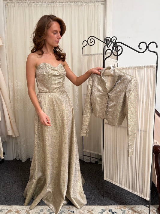 Vintage 50s gold brocade strapless evening gown with jacket
