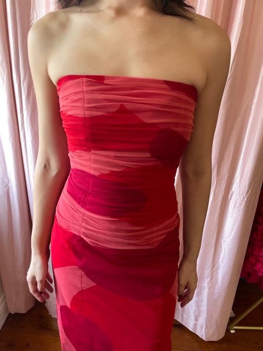 Vintage Y2K Kay Unger strapless gown with printed mesh overlay