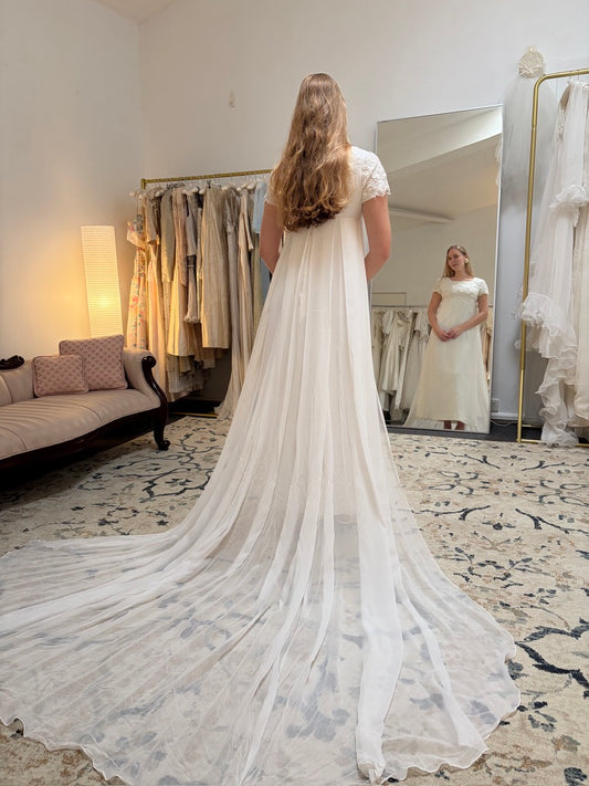 Vintage 60s column wedding dress with floral applique and dramatic train