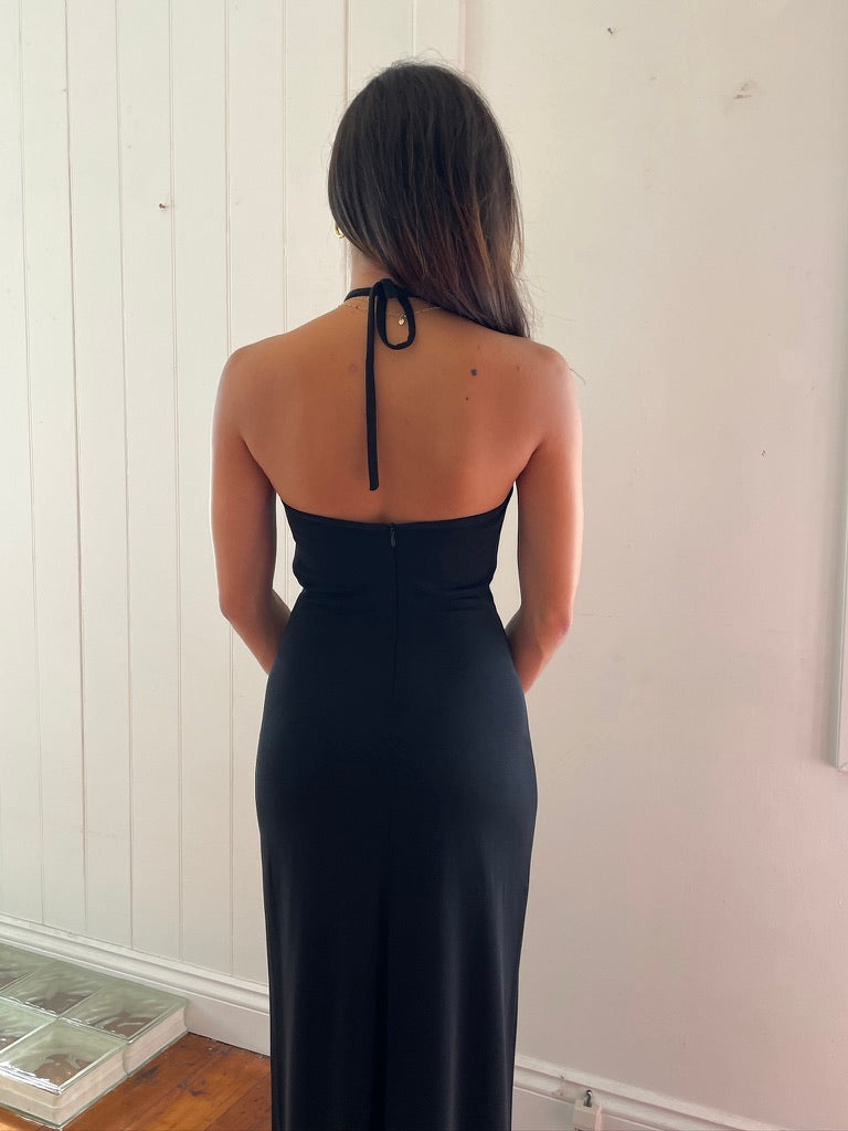 Vintage 90s Pati-Pat Paris black aqua halter neck maxi dress