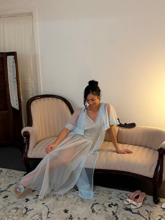 Vintage 50s ice blue sheer nylon slip dress and cape
