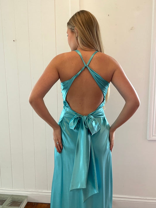 Vintage Y2K Ruth Tarvydas aqua satin midi dress