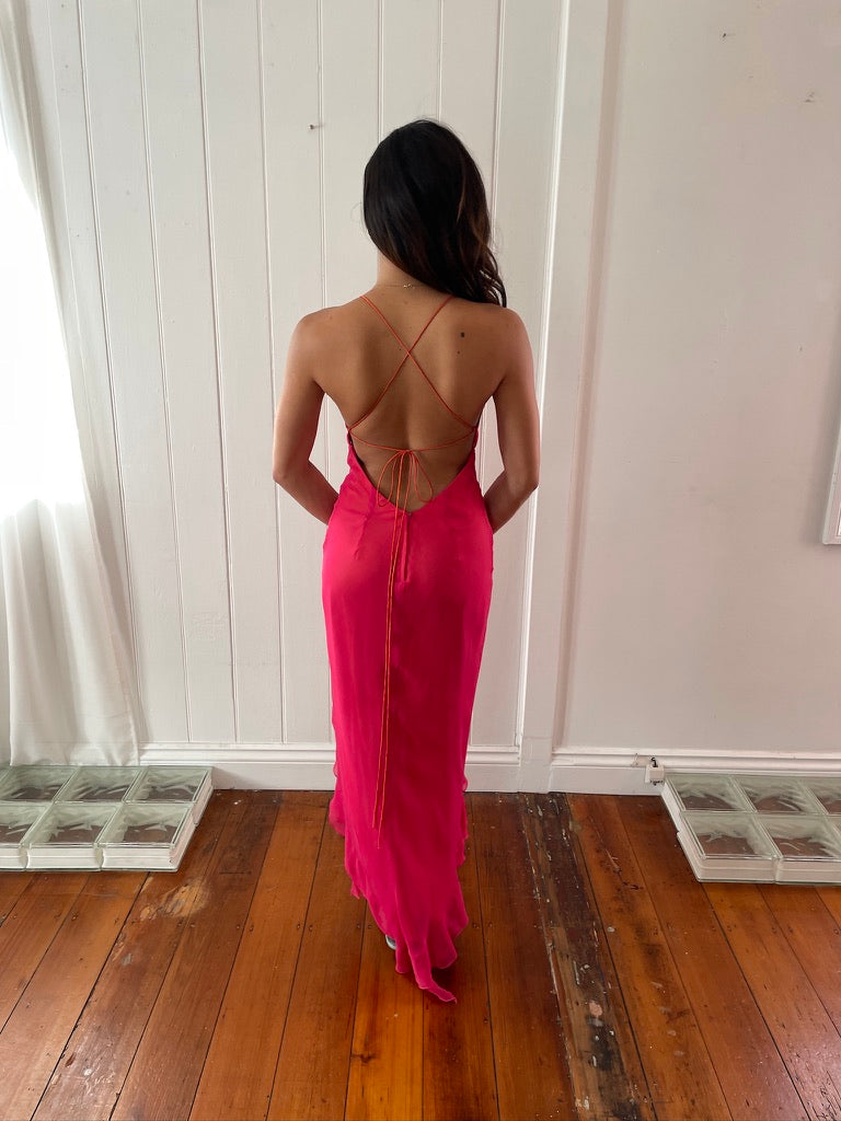 Vintage 90s pink orange high low backless dress