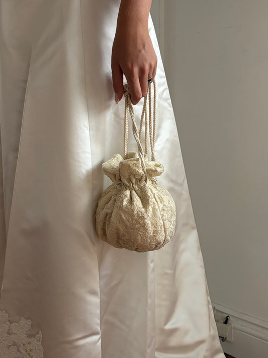 Vintage cream beaded bridal pouch with rope strap