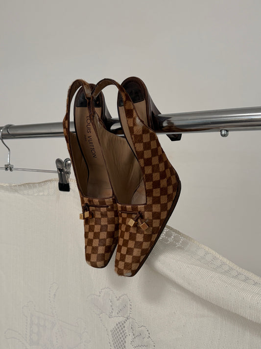 Vintage Louis Vuitton ponyhair checkerboard slingback heels