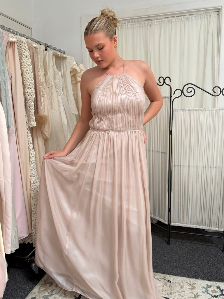 Vera Wang dusty pink shimmery pleated high neck gown