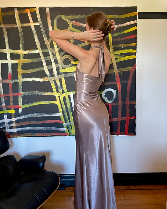 Junonia Dress - Vintage Y2K Ruth Tarvydas mocha high neck satin gown