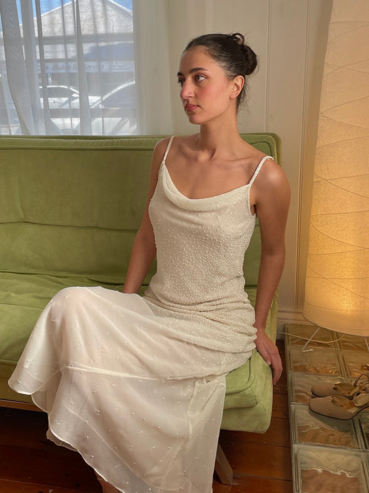 Vintage 90s white silk beaded bias cut slip dress