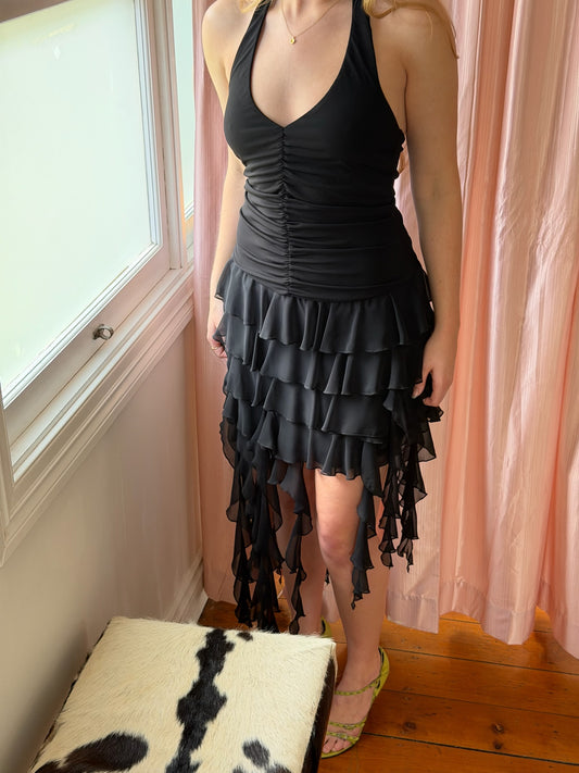 Vintage 90s black asymmetrical halter neck jellyfish dress