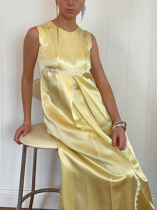 Vintage 60s butter yellow satin midi dress with lace trim