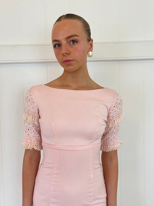 Vintage 60s baby pink column dress with cream fringing
