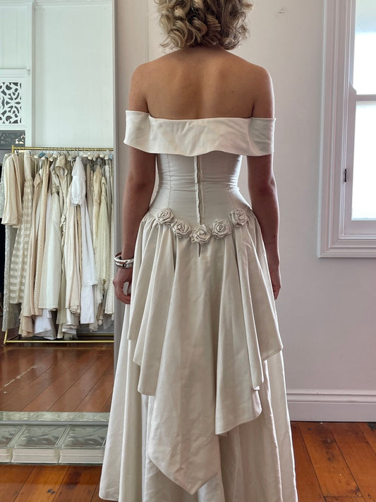 Vintage 90s silk basque waist off shoulder gown