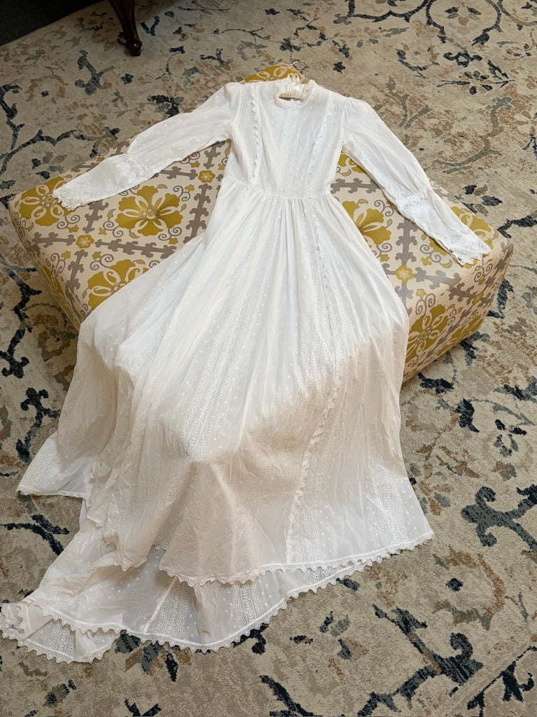 Vintage 70s embroidered cotton voile long sleeve wedding dress with train