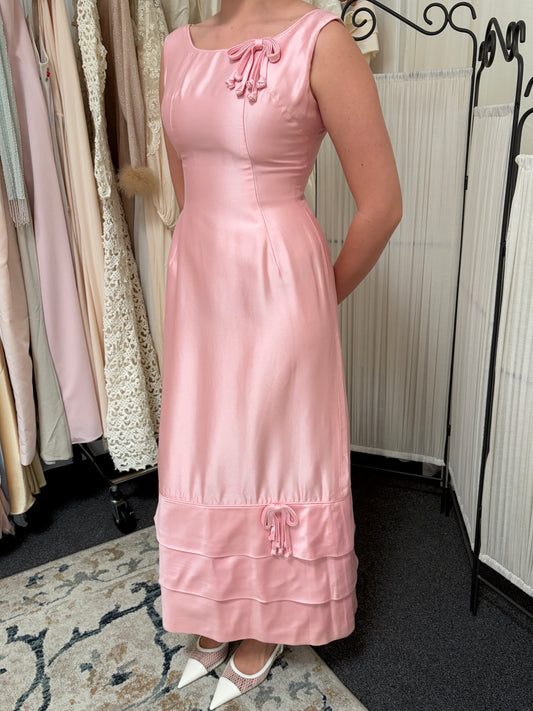 Vintage 60s candy pink tiered evening gown with bows
