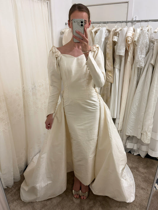 Vintage 90s silk dupion long sleeve rosette wedding gown with detachable train
