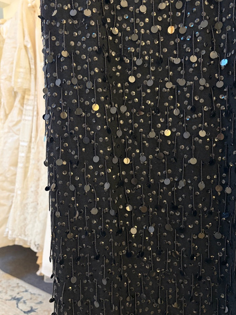 Vintage 80s black beaded column dress with fringed sequins