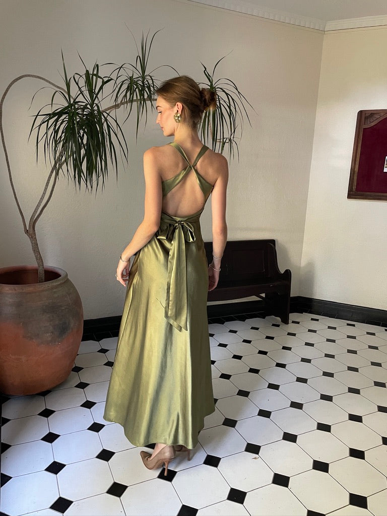 Martini Dress - Vintage 90s olive green satin gown with bow