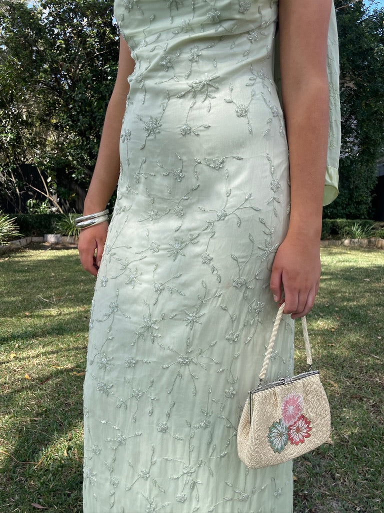 Vintage 90s pistachio green silk beaded open back evening dress