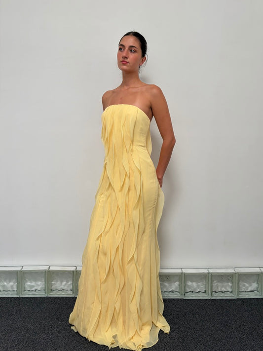 Vintage y2k Vera Wang yellow strapless ruffle gown