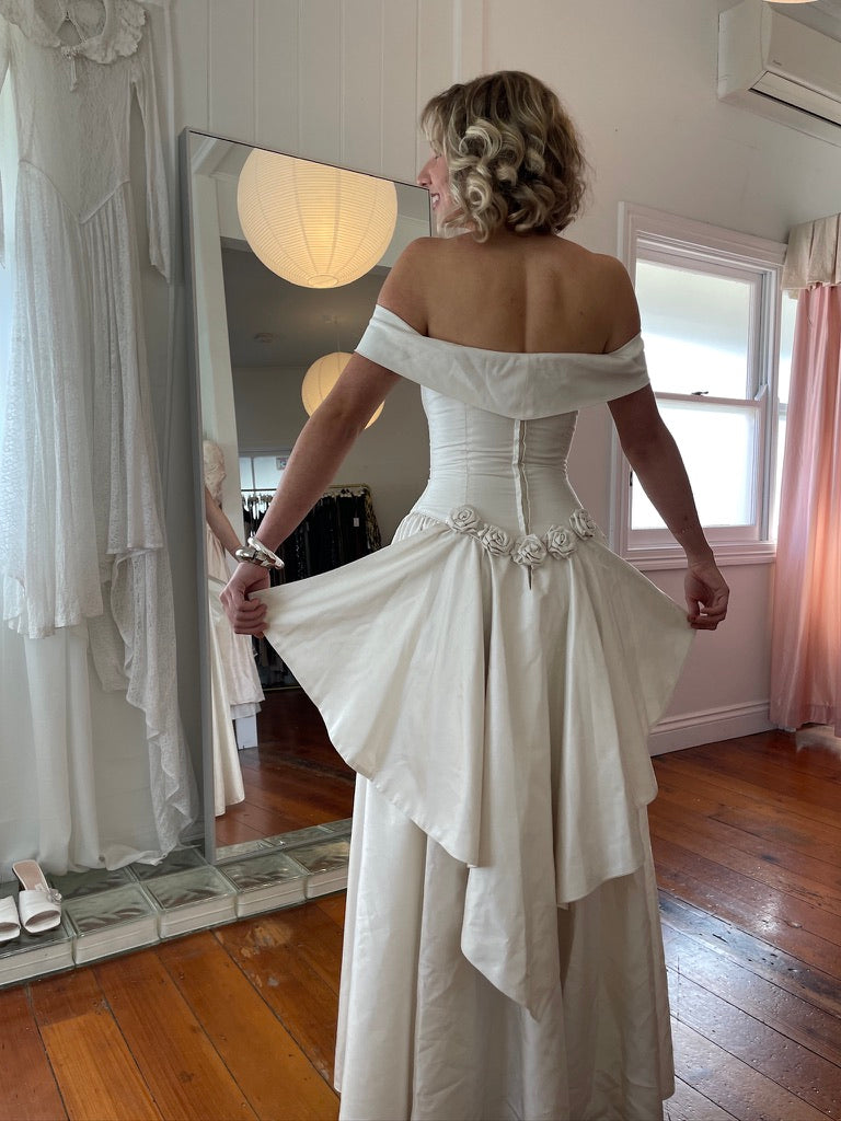 Vintage 90s silk basque waist off shoulder gown