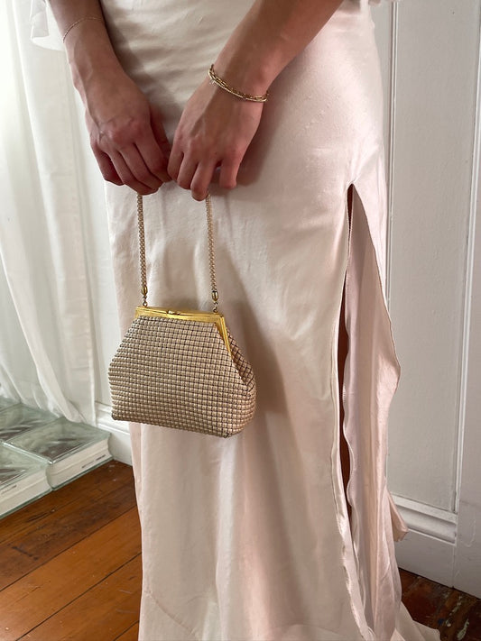 Vintage 60s cream mesh top handle bag with gold hardware