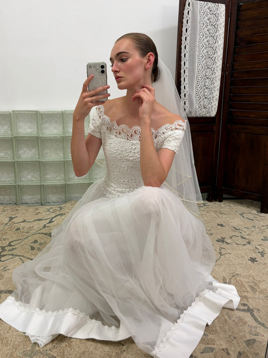 Vintage 90s ivory off shoulder basque waist wedding gown