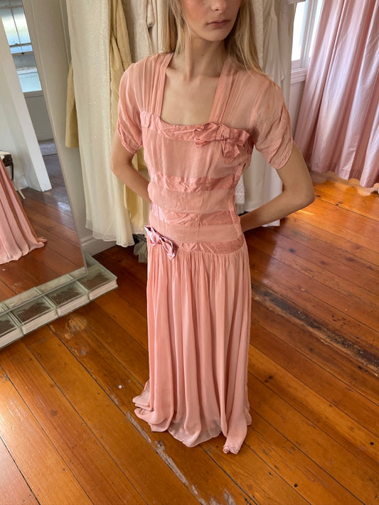 Vintage 50s pink drop waist maxi dress with bows