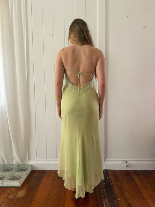 Vintage 1990 green asymmetric silk fairy dress with beaded fringing