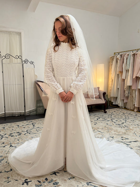 Vintage 60s long sleeve guipure lace wedding gown with applique train