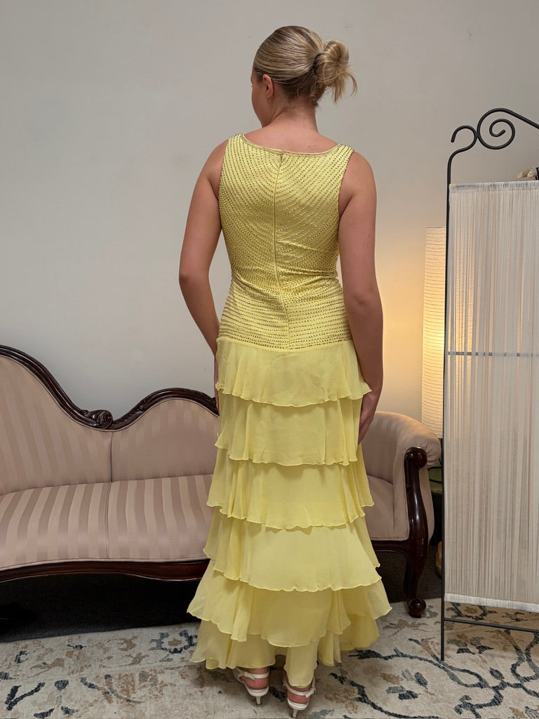 Vintage Y2K Frank Usher yellow silk beaded evening gown