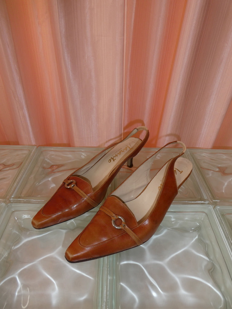 Taranto tan leather sling back kitten heels size 39