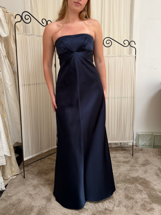 Vintage 90s Shelli Segal navy blue strapless evening dress
