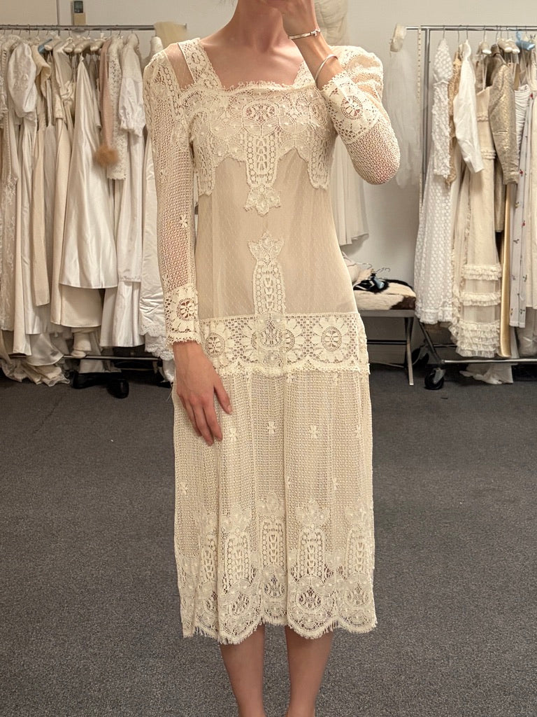 Vintage 70s does 20s cream lace drop waist bridal dress