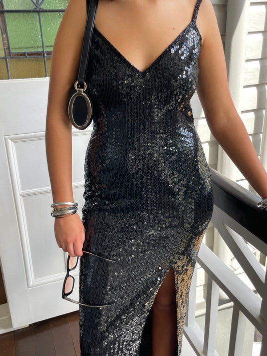Vintage 80s black sequinned evening dress