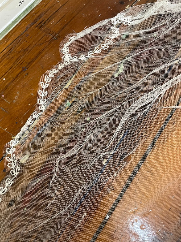 Vintage 70s embroidered chapel veil with blusher ivory