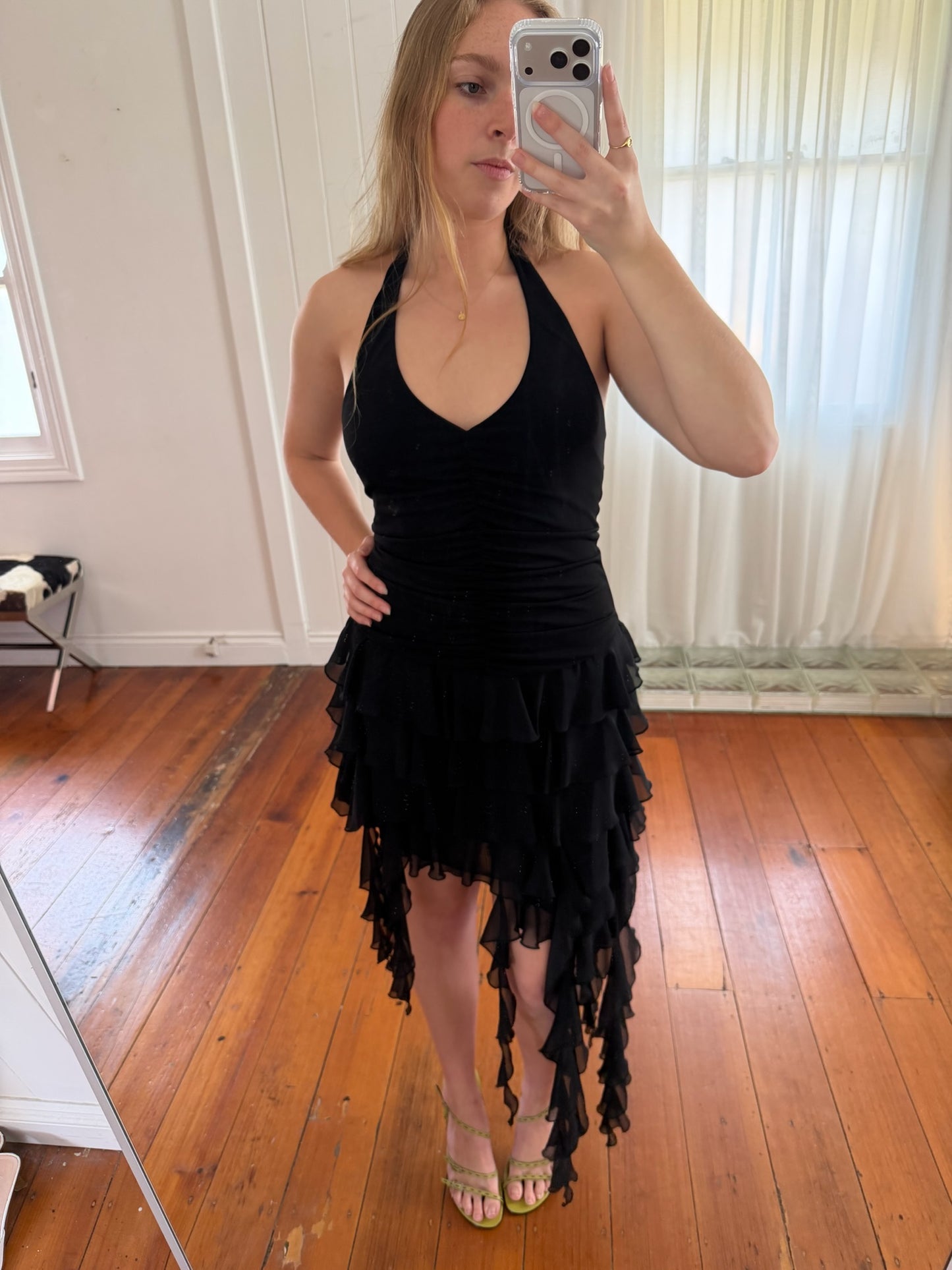 Vintage 90s black asymmetrical halter neck jellyfish dress