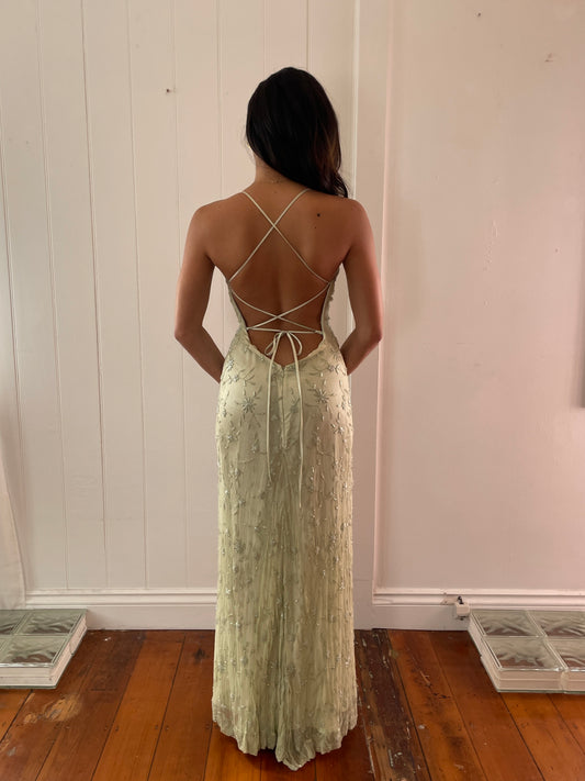 Vintage 90s pistachio green silk beaded evening dress