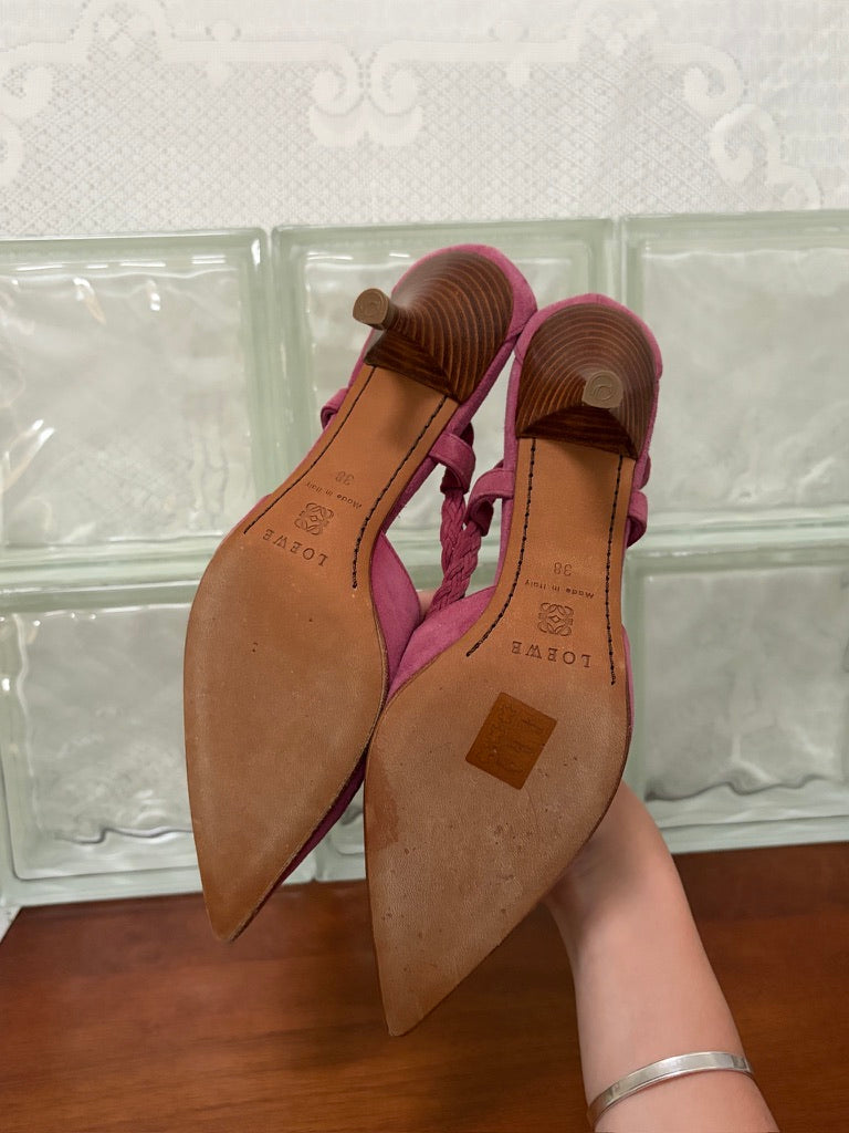 Vintage Loewe pink suede pointed toe heels with braided straps