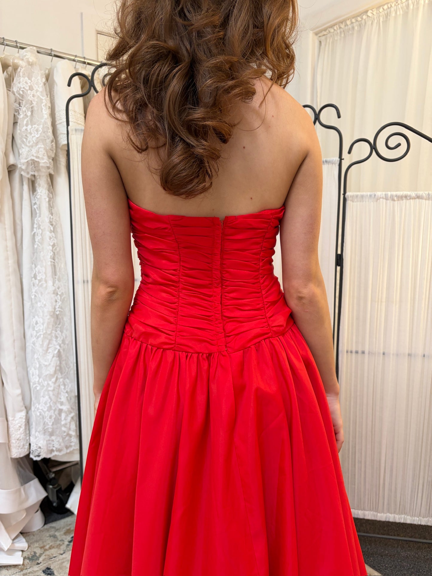 Vintage 80s cherry red strapless drop waist tiered evening gown