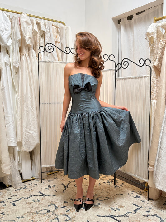 Vintage 80s slate drop waist midi dress with bow
