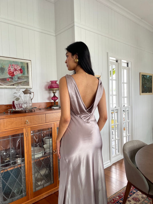 Vintage y2k satin gown with draped back mocha