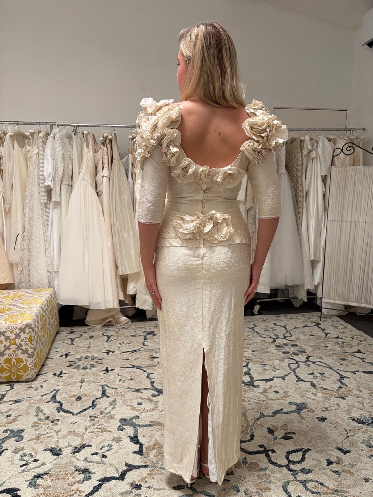 Vintage 90s Jean Fox pleated off shoulder wedding dress with detachable train