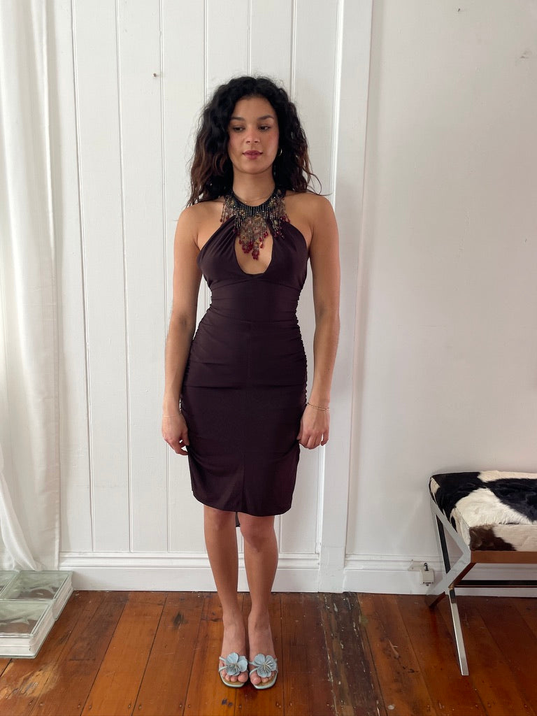 Vintage 90s brown backless mini dress with beaded fringe neckline