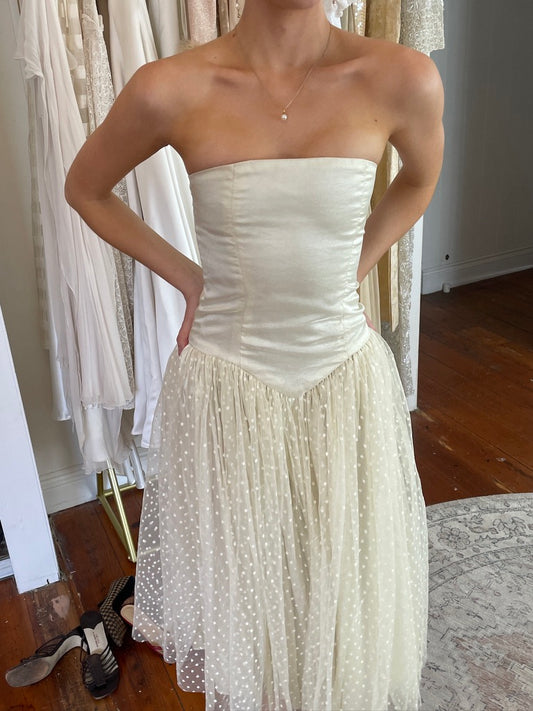 Vintage 80s cream polka dot strapless bridal midi dress