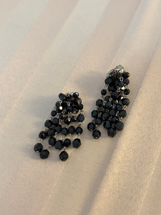 Vintage 80s black beaded dangle clip on earrings
