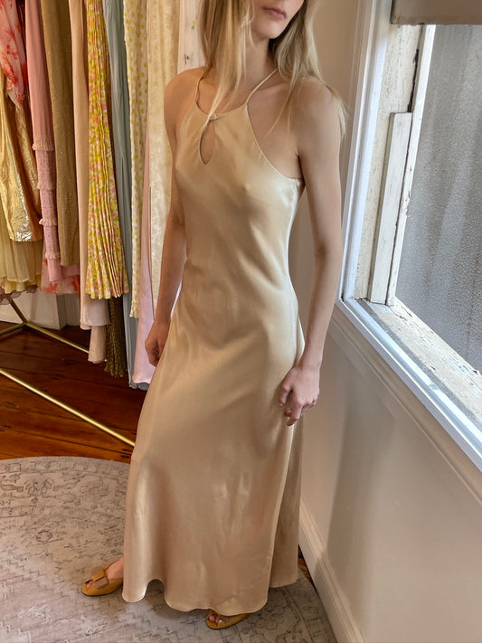 Vintage 90s champagne high neck bias cut evening dress
