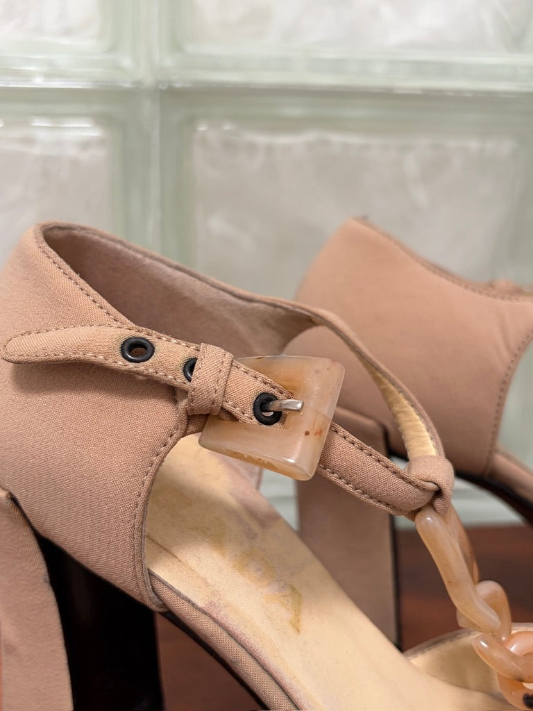 Vintage Prada beige nylon closed toe t-strap heels
